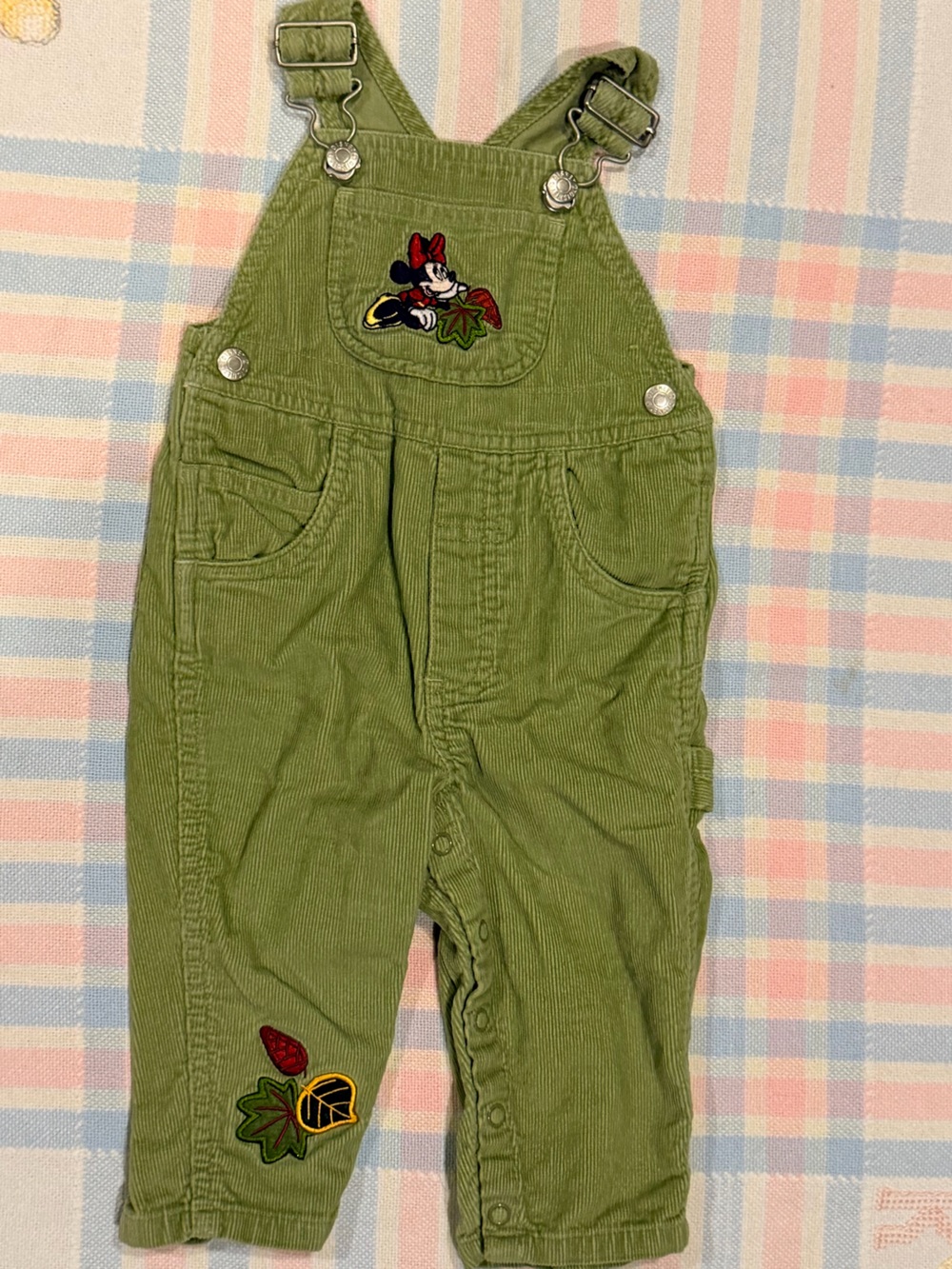 Vintage 90s Disney Store Minnie Mouse Green Corduroy Overalls 6M